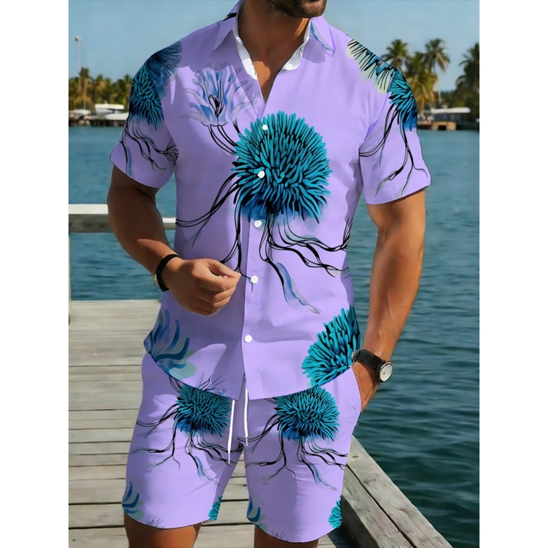 Printed Floral Shirt - طقم قميص وشورت هاواي للرجال بلون