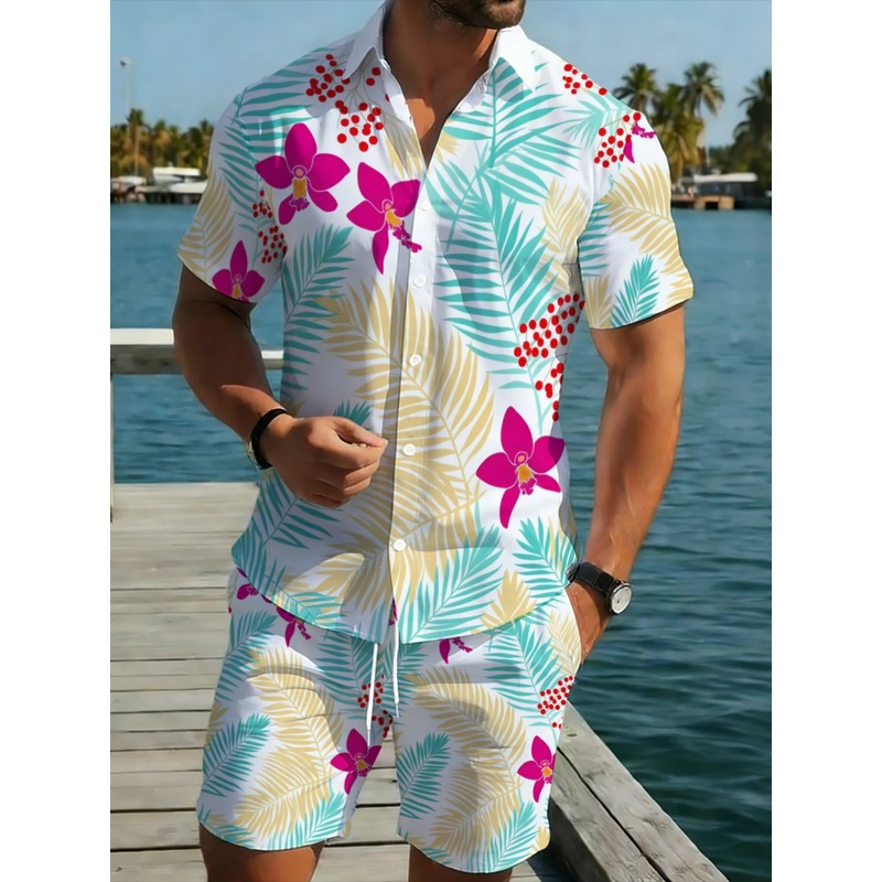 Printed Floral Shirt - طقم قميص بأكمام قصيرة وبنطلون طويل