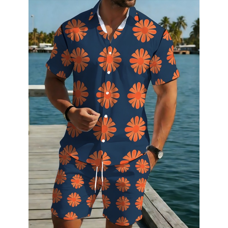 Printed Floral Shirt - طقم قميص رجالي بأكمام قصيرة وشورتات