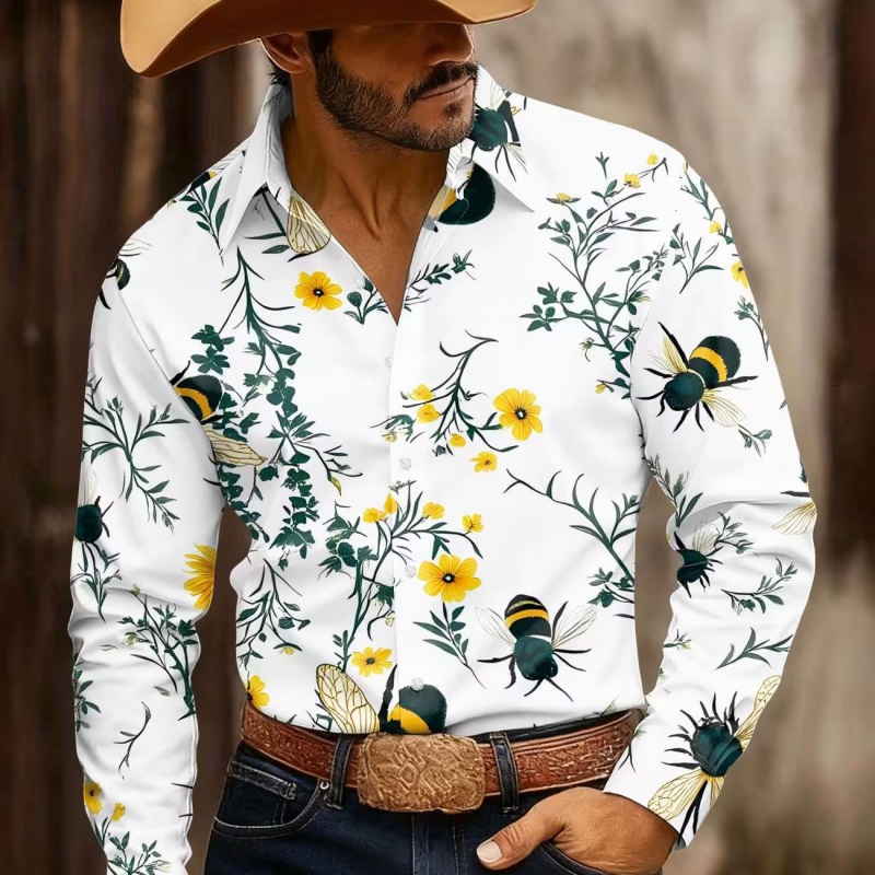 Printed Floral Shirt - قميص رجالي بأكمام طويلة ونقشة زهور،