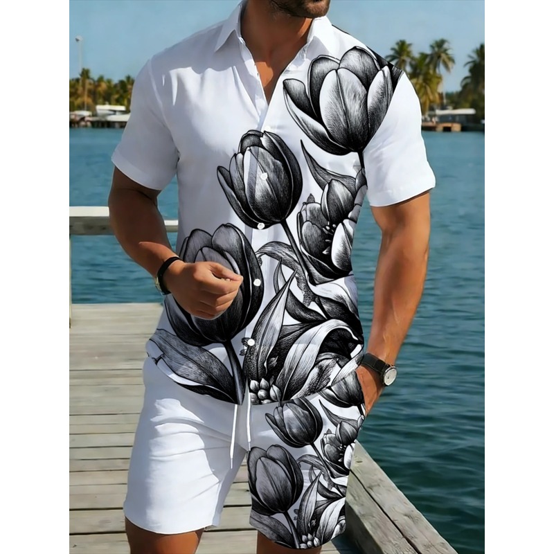 Printed Floral Shirt - طقم قميص وشورت رجالي أبيض مطبوع