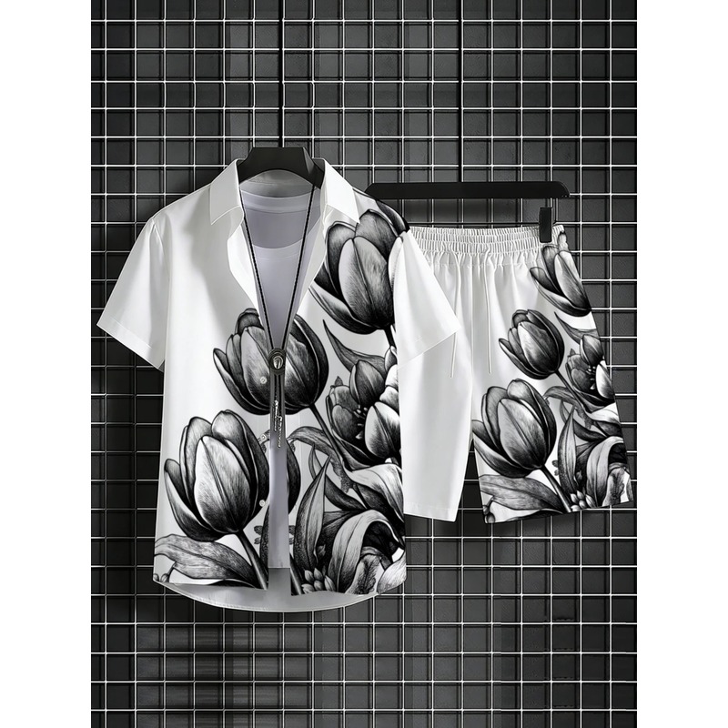 طقم قميص وشورت رجالي أبيض مطبو - مراجعة Printed Floral Shirt وسعره