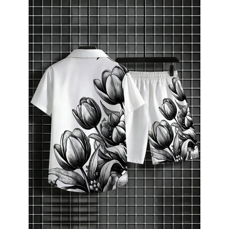 طقم قميص وشورت رجالي أبيض مطبو - مراجعة Printed Floral Shirt وسعره